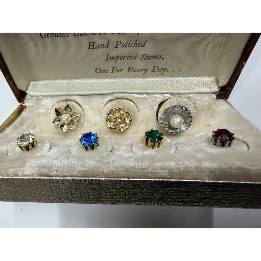 Vintage Tie Tack Assortment Set Cultured Pearl Hand Polished Stones 7 Pieces Box